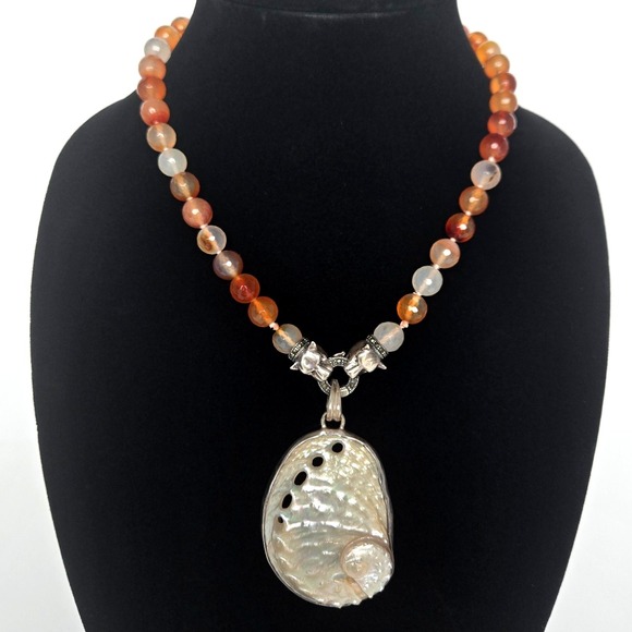 Sterling‎ 925 Lion Panther Marcasite Mother of Pearl Necklace Chunky Glass Bead
